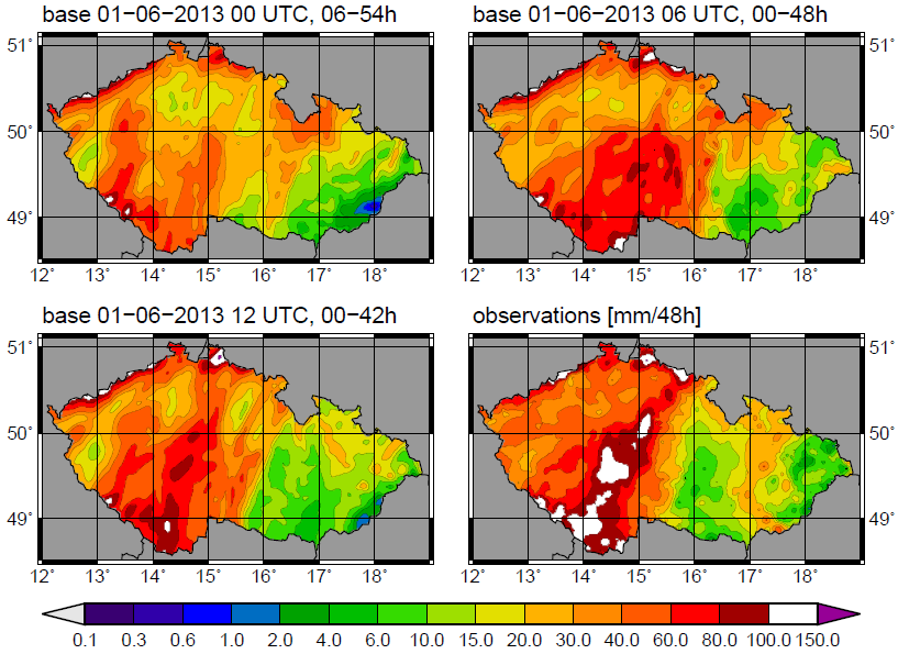 Obr. 3.30 - Předpovědi 48hodinové akumulace srážek modelem ALADIN na období od 1. 6. 08 SELČ do 3. 6. 2013 08 SELČ a verifikační pozorování (vpravo dolu). Vlevo nahoře je předpověď z 1. 6. 2013 02 SELČ, vpravo nahoře je předpověď z 08 SELČ, vlevo dole je předpověď z 14 SELČ téhož dne.
