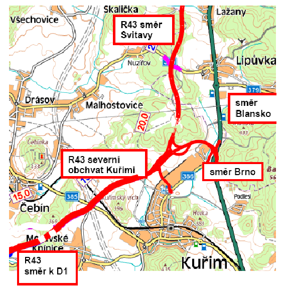 Severní obchvat Kuřimi (napojení na expres trasu na Brno) Kuřim/Čebín Černá Hora Černá Hora Svitávka Úsek po severní hranici JMK Koridor R43 pro Koncepční variantu ALTER2012 R43-U2-OPTIM