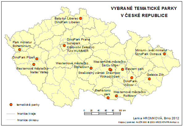 Obr. 16. Vybrané tematické parky v České republice (zdroj dat: [51], [58], [106], [107], [116]) Vybrané tematické parky se nejvíce koncentrují v Jihomoravském kraji, v Praze a v kraji Vysočina.