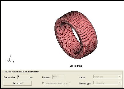 Válcování kroužku 46 V záložce Advanced definujeme parametry sítě pro modul Ring mesh Advanced Menu General Radial, axial element size 4 mm, tangential 3 mm Menu Rotation Ring axis: X- axis Menu