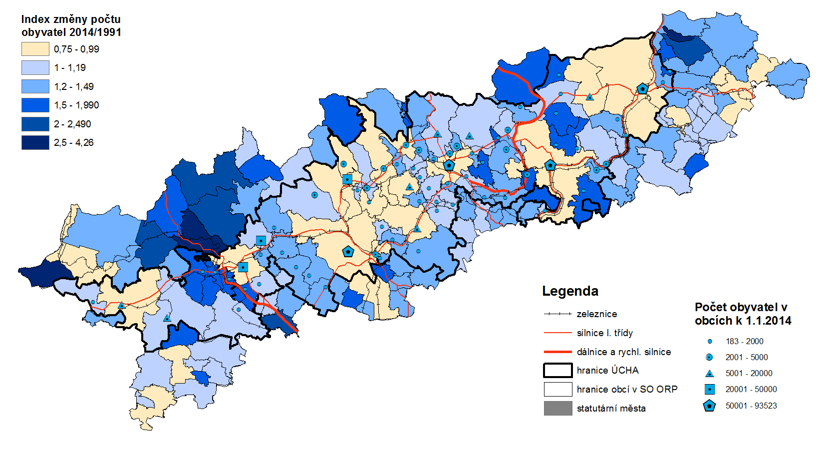 Mapa 7: Vývoj počtu obyvatel v obcích mezi