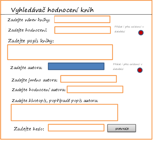 Další obrazovkou je obrazovka umožňující přidat knihu do databáze (na obrázku č. 16). Tato obrazovka je oddělena od hlavní obrazovky, která je určená jen pro vyhledávání a vypisování výsledků.