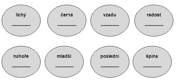 Slova protikladná (opozita, antonyma) jsou slova opačného významu. den X noc, bílá X černá, světlo X tma 1. Doplň slova protikladná. 3. Nahraď podtržená slova slovy opačného významu.