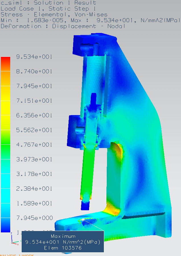 VÝSLEDNÉ ŘEŠENÍ Obrázek 10: 3D model sestavy Obrázek 11: Zatížení sestavy silou 22200 N Kontrola rámu a pístnice PODĚKOVÁNÍ Poděkování patří vedoucímu práce Doc. Ing. Josefu Formánkovi, Ph.D. ZÁVĚR A DOPORUČENÍ Hodnocení určilo jako nejvhodnější variantu s odlitým ocelovým otevřeným rámem a hydraulickým dvojčinným pístem.