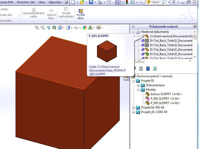 Nyní je v SolidWorks otevřena kopie souboru z lokálního disku, kterou upravíme a opět uložíme na lokální disk.