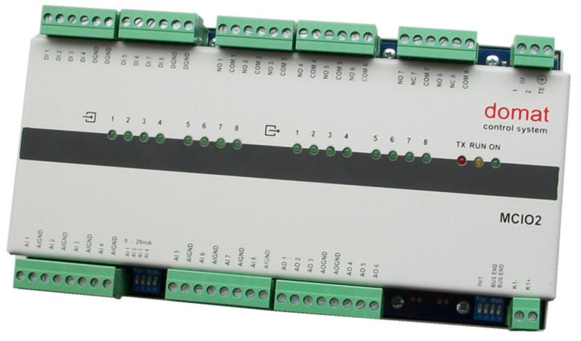 MCIO2 Kompaktní I/O modul Shrnutí Kompaktní I/O modul MCIO2 je mikroprocesorem řízený komunikativní modul se skladbou I/O optimalizovanou pro aplikace VVK a domovní techniky.