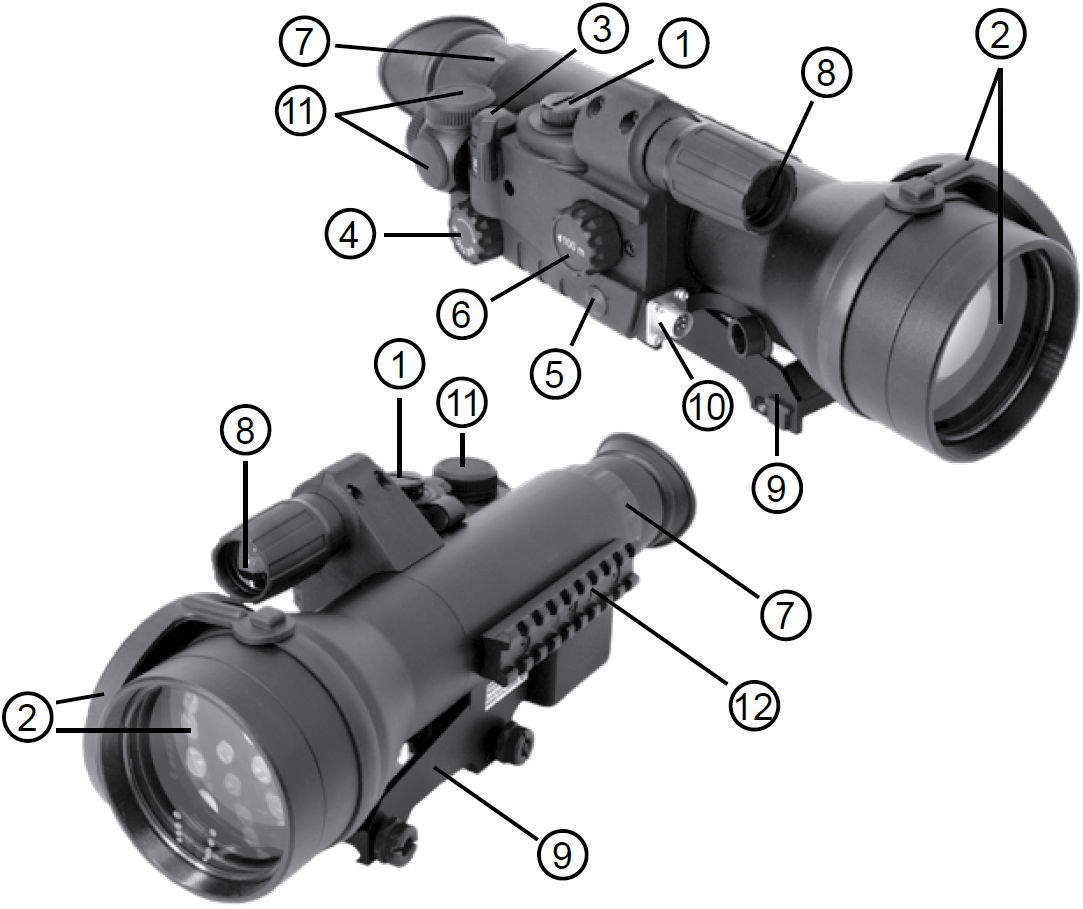 Diagram 3x60 1. Přihrádka na baterie 2. Čočka/Krytka objektivu 3. Zapnutí/Vypnutí IR iluminátoru 4. Nastavitelnost jasu zaměřovacího kříže 5. Tlačítko pro změnu barvy zaměřovacího kříže 6.