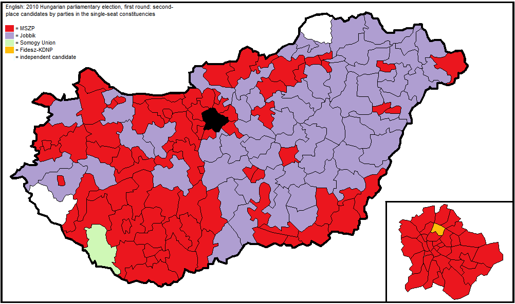 Deáková, K., Havlík, V. Maďarské parlamentní volby 2014 75 Obrázek 1: Strany, jejichž kandidáti se umístili na druhém místě (situace v roce 2010, dle umístění v jednomandátových obvodech v 1.