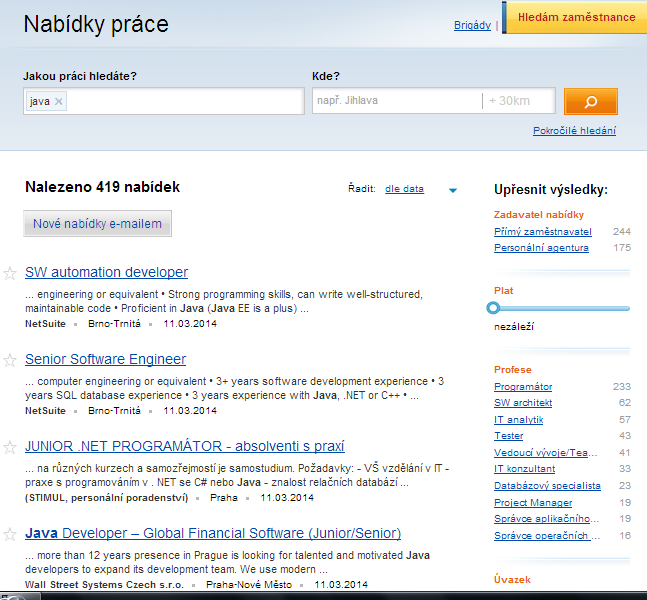 Obr. 8 ukázka inzerovaných pozic s klíčovým slovem Java v ČR Kdyţ zúţíme