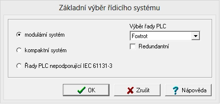 KAPITOLA 2. VYTVOŘENÍ NOVÉHO PROJEKTU 4 Obrázek 2.3: Novy projekt Základní výběr řídícího systému Následuje otevření dialogového okna Základní výběr řídícího systému obr. 2.4. Slouží k určení typu PLC z produkce Teco na němž program cílově poběží.