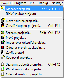 Kapitola 4 Manažer projektu Manažera projektu nalezneme v horní liště pod záložkou Projekt obr. 4.1. Je určen pro definování typu PLC, jeho sestavení a nastavení funkcí jednotlivých modulů PLC.