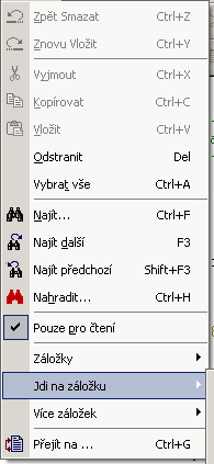 Editor zdrojových textů 44 Popis : Toto menu obsahuje tzv. jmenné záložky, které slouží pro rychlé presouvání v dlouhých zdrojových textech.