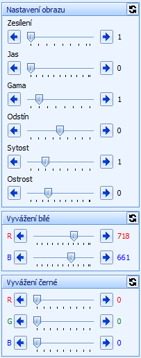 Ovládací panely snímacích zařízení Část Nastavení obrazu: Zesílení: posuvník ovlivňuje sílu signálu přicházejícího z kamery. Při vyšších hodnotách zesílení se v obraze může více projevit šum.