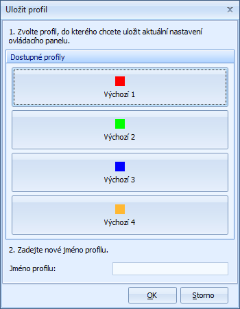 Ovládací panely snímacích zařízení 3. V části Dostupné profily vyberte stisknutím příslušného tlačítka jeden z profilů, do kterého chcete uložit aktuální nastavení ovládacího panelu. 4.