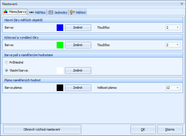 Ovládací panely snímacích zařízení Na záložce Písmo/barvy je možné provést nastavení Čar měřících objektů,