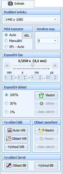 Ovládací panely snímacích zařízení Zobrazit/Skrýt tabulku naměřených hodnot: po stisknutí tlačítka bude ve spodní části panelu zobrazena Tabulka naměřených hodnot.