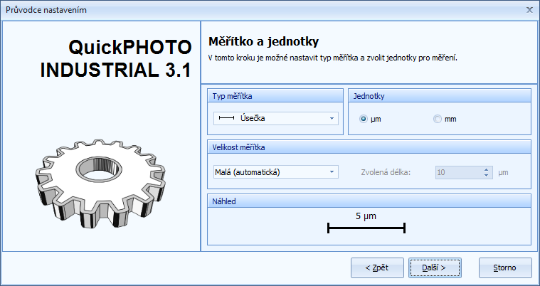 Základní nastavení programu Výchozí nastavení měřených veličin Další strana průvodce slouží k výběru veličin, které budou měřeny jednotlivými měřícími nástroji (délka, průměr, poloměr, obvod, plocha,