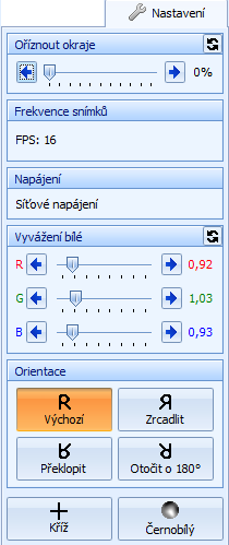 Ovládací panely snímacích zařízení Záložka Nastavení Tato záložka obsahuje některé rozšířené funkce nastavení.