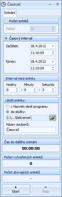 Moduly snímané sekvence. Jednotlivé snímky budou automaticky rozlišeny pomocí pětimístného čísla za zvoleným názvem. Ve spodní části okna jsou podávány informace o průběhu časosběrného snímání.