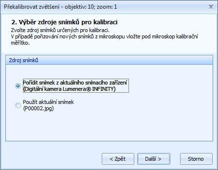 Kalibrace programu pro měření 4. Otevře se ovládací panel aktivního snímacího zařízení s živým obrazem kalibračního měřítka.