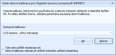 Kalibrace programu pro měření Pokud v nabídce Snímací zařízení aktivujete jiné snímací zařízení, zobrazí se automaticky dialogové okno Výběr aktivní kalibrace pro: název snímacího