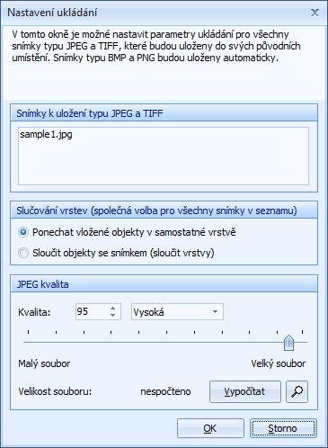 Hlavní okno programu umístění bude zobrazeno okno Nastavení ukládání. Ostatní typy snímků (BMP a PNG) budou přeuloženy automaticky.