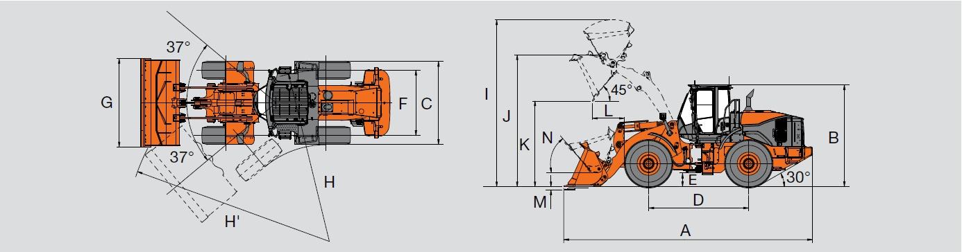 A Celková délka mm 8 360 8 220 8 410 8 270 8 170 8 560 B Celková výška mm 3 370 C Šířka přes kola mm 2 825 D Rozvor náprav mm 3 300 E Světlá výška mm 450 F Rozchod kol mm 2 160 G Šířka lopaty mm 2