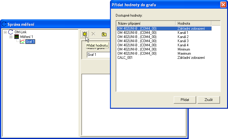 Měření 54 Příklad: (Poznámka: v nabízeném seznamu dostupných hodnot je možno vybrat více hodnot a přidat je do grafu najednou.) Přidáním hodnoty ve Správě měření je zahájen záznam měření této hodnoty.