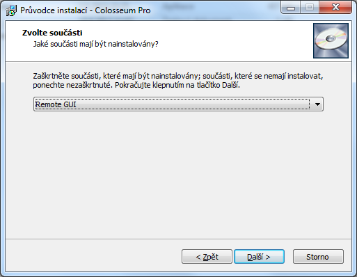 Instalace grafického rozhraní (REMOTE GUI): Instalace probíhá stejně jako v Instalaci celého programu, až do bodu 5: Bod 6. Zde zvolte Remote GUI. Stiskněte Další.