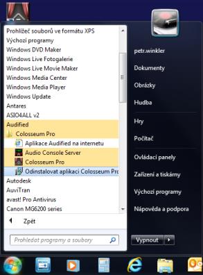 Odinstalace programu: Vyvolejte Windows nabídku START Všechny programy a vyberte složku Audified Colosseum Pro, v ní zvolte Odinstalovat aplikaci Colosseum
