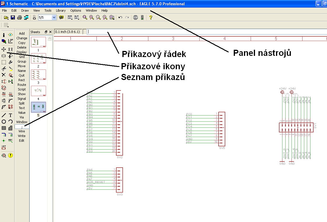 Strana 18 3 NÁVRH ŘÍDÍCÍHO OBVODU MÍSICÍ JEDNOTKY Obr. 2 Schéma ovládání editoru schémat V levé části obrázku jsou umístěny příkazové ikony.