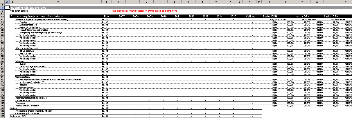 Celkem (tis. Kč) [řádek 59]: Zpracovatel položku nevyplňuje, buňka je uzamčena. Celkové náklady se automaticky dopočítají dle zadaných hodnot investičních nákladů projektu v jednotlivých letech.
