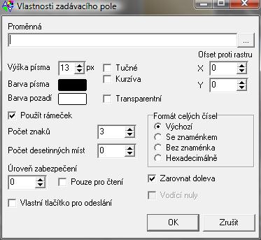 Offset proti rastru určuje ofset v pixelech proti rastru 8x8 pro přesné umístění prvku Text je odkaz zapíná funkci odkazu Hypertextový odkaz adresa, na kterou se přejde po kliknutí na statický text.