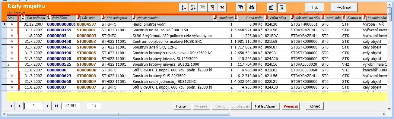 Popis úprav SQL verze ProBaze Majetek a Nářadí Karta majetku a nářadí Byla provedena úprava týkající se uživatelského definování sloupců a výběrových seznamů dalších polí k zobrazení.