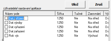 V levé obrazovce jsou parametry jednotlivých polí nastaveny napevno a měnit je nelze. Nastavení bylo provedeno pracovníky ICS s důrazem na správnou funkci a přehlednost programu.