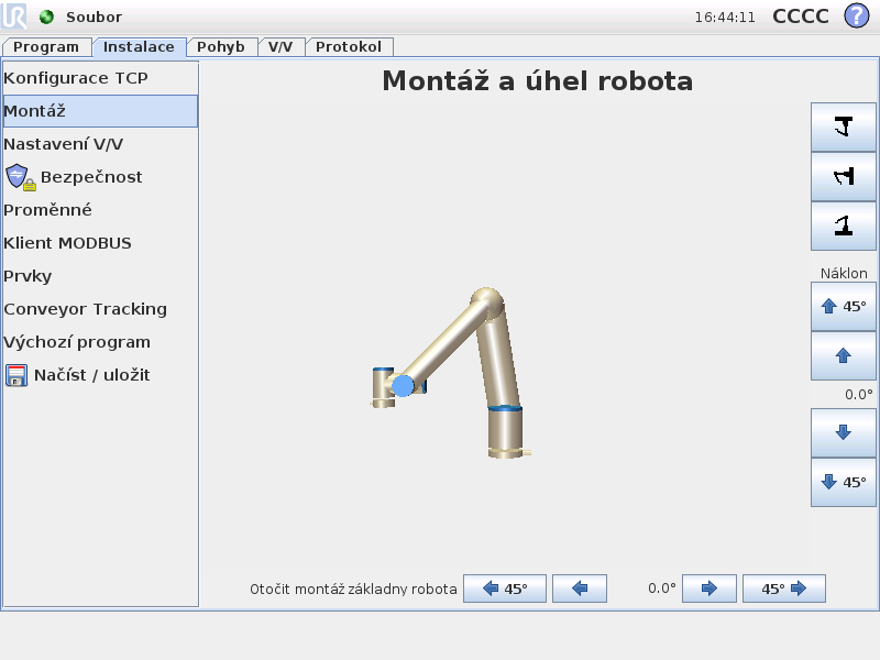 12.7 Instalace Montáž 12.7 Instalace Montáž Zde lze zadat údaje o umístění ramene robota. Toto nastavení slouží ke dvěma účelům: 1. Rameno robota se správně zobrazí na obrazovce. 2.