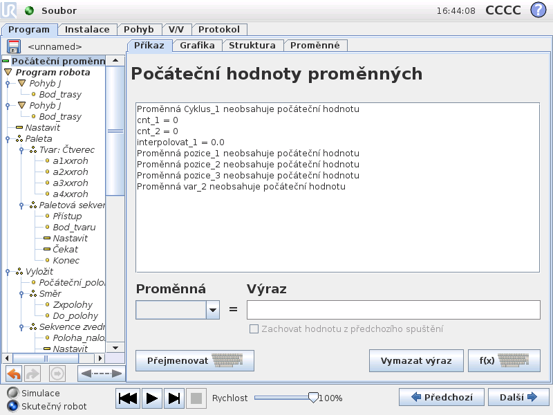 13.30 Příkaz: Inicializace proměnných 13.30 Příkaz: Inicializace proměnných Tato obrazovka slouží k nastavení hodnot proměnných před spuštěním programu (a případných vláken).