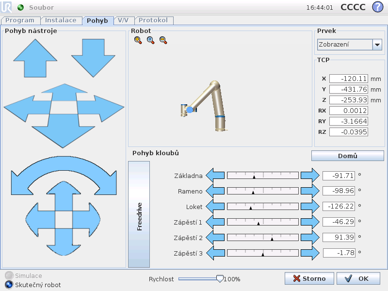 12 Ovládání robota 12.1 Karta Pohyb Na této obrazovce můžete vždy pohnout (manipulovat) ramenem robota přímo, a to bud přemístěním/otočením nástroje robota, nebo ovládáním kloubů robota jednotlivě.