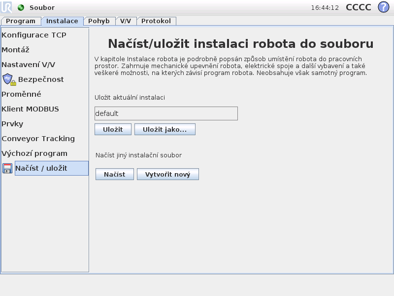 12.5 Instalace Načíst/Uložit Ručně Stisknutím tlačítka Manuální přejdete na kartu Pohyb, kde lze ramenem robota pohybovat manuálně. To se používá v případech, kdy není pohyb v animaci vhodný. 12.