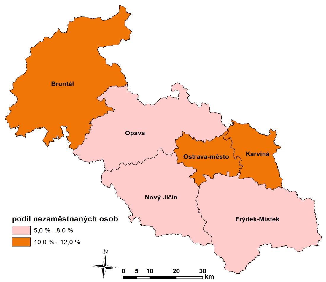 MAPA - Podíl nezaměstnaných v okresech