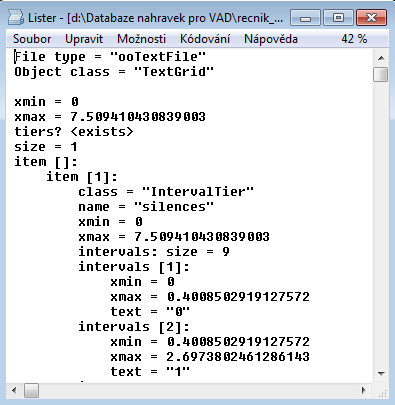 Obr. 4.4: Ukázka struktury souboru s příponou TEXTGRID 4.4 Testování kepstrálním detektorem Kepstrální detektor používá dva nastavitelné parametry. Jsou jimi parametr.