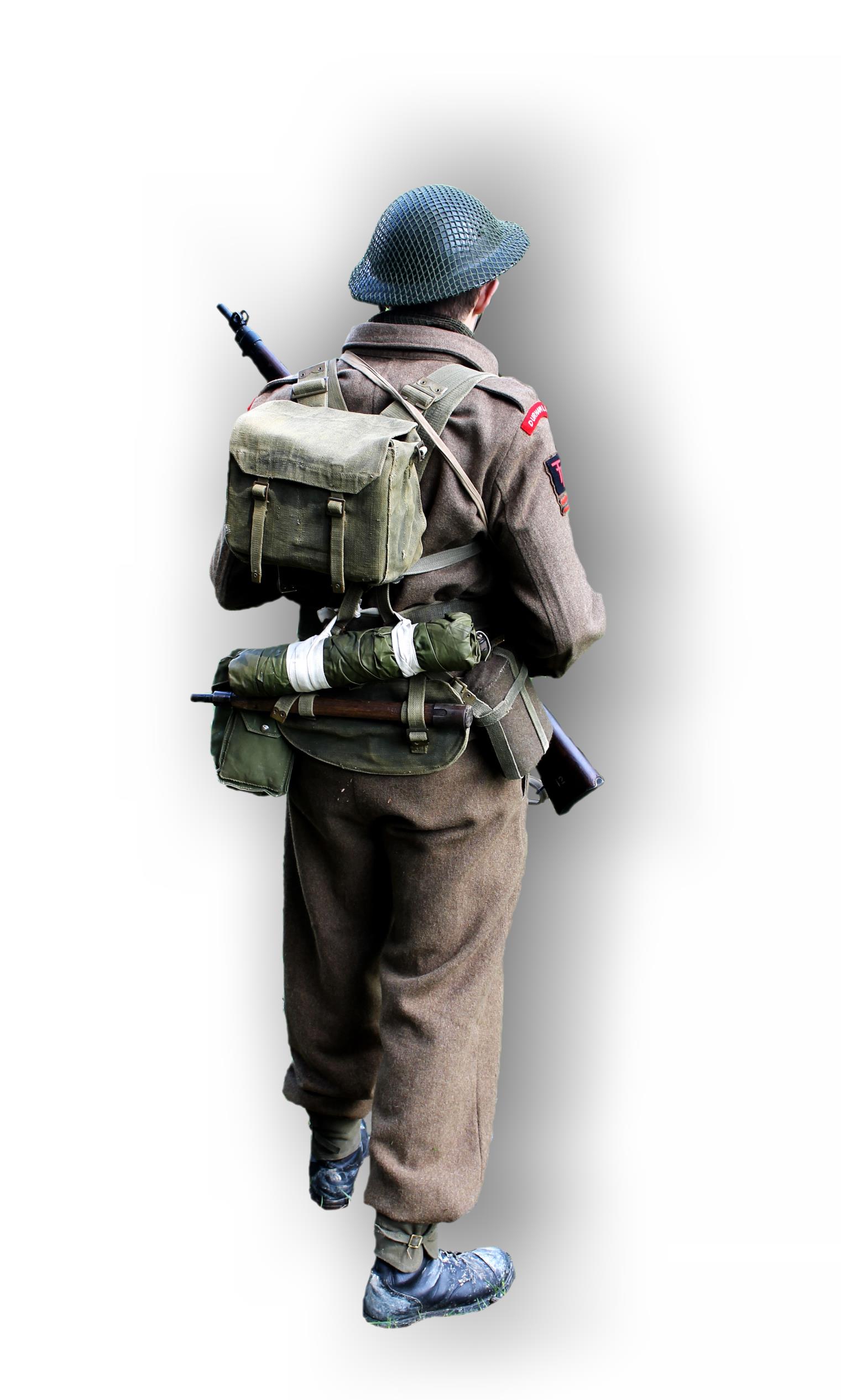 Britský pěšák v Normandii 1944 12) Maskovaná síťka Net, Camouflage 13) Batoh malé polní Haversack, W.E.