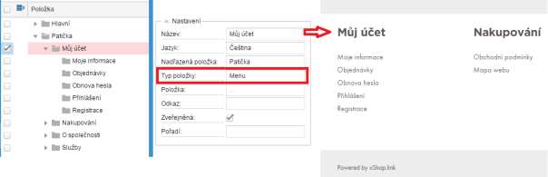 Nastavení menu Pro správné nakonfigurování menu je potřeba nastavit, které menu se bude zobrazovat v hlavičce a které v patičce. Nastavení se provede v administraci v sekci Web->Nastavení webu.
