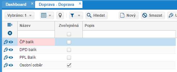 Pro upravení dopravy vyberte libovolný záznam a klikněte na tlačítko Upravit v nabídce hlavního panelu.