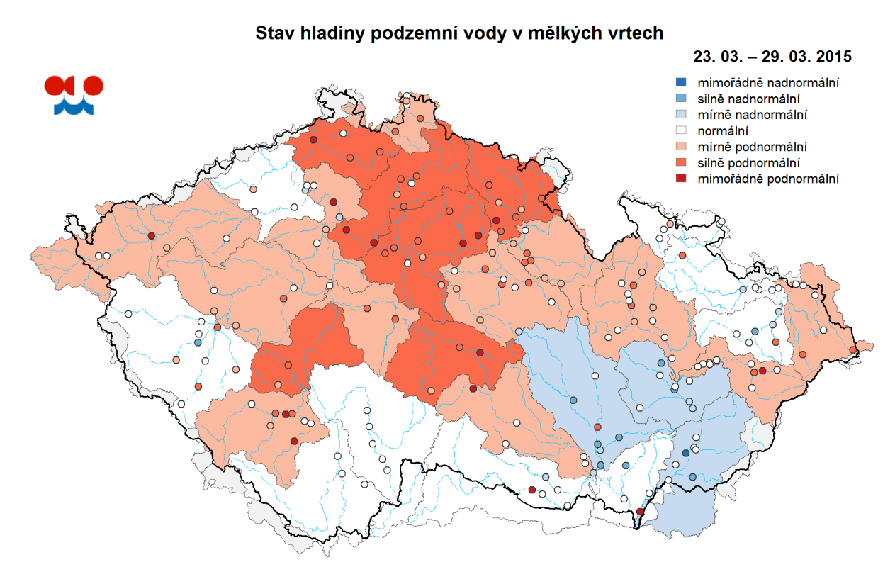 Mapa ukazuje stav podzemní vody ve sledovaných vrtech a oblastech povodí dle pravděpodobnosti překročení úrovně hladin v daném kalendářním měsíci v referenčním období 1981 2010 (viz text).