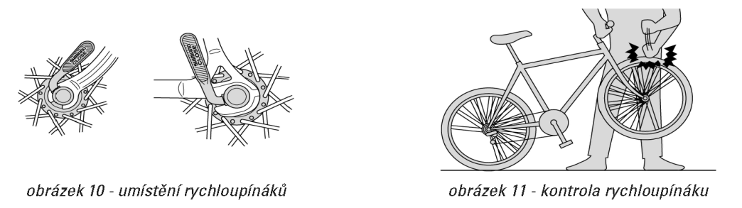 Další kontrolu seřízení rychloupínáku proveďte takto: Zvedněte kolo, roztočte jej a sledujte, zda se otáčí lehce.