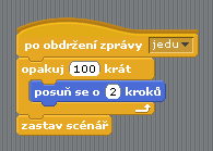 Barva kostek popisuje, do které skupiny příkazů daný příkaz patří: - tmavě modrá označuje skupinu Pohyb, - lila (fialová) označuje skupinu Vzhled, - sytě růžová označuje skupinu Zvuk, - tmavě zelená