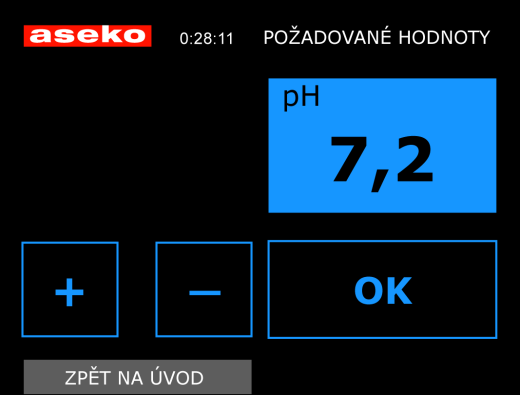 Zde nejprve nastavíme objem v poli BAZÉN/FILTRACE objem bazénu A z pole ZPĚT se vrátíme k nastavení PARAMETRY VODY: Dotykem příslušného políčka zaškrtneme tvrdost vody a z pole ZPĚT se vrátíme k