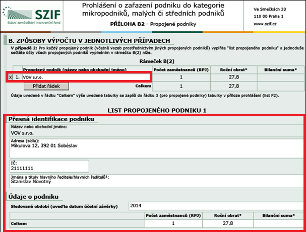 5) V příloze B Propojené podniky vybrat správnou možnost.