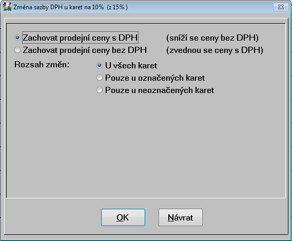 Změna sazby DPH Skladové karty budou v zadaném rozsahu přepočítány s novou sazbou DPH. Je zde možnost zvolit, zda-li se mají zachovat prodejní ceny s DPH nebo ceny bez DPH.